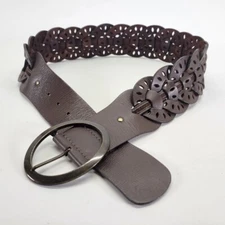 Old Navy Leather Belt 34 Medium Chain Cut Out Wide Brown