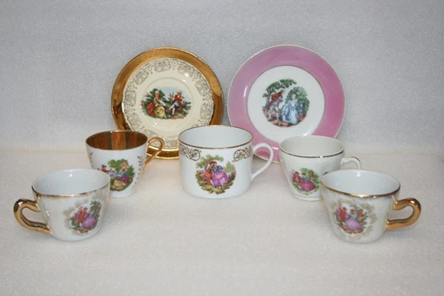 Lot 7 Victorian Courting Couple Porcelain 4 Demitasse Cup 1 Cup 1 Saucer 1 Plate