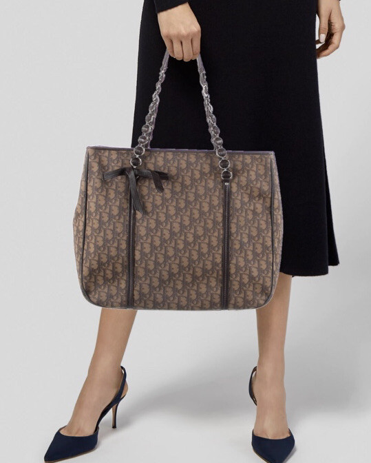Christian Dior Monogram Trotter Chain Brown Bow Tote Bag Purse