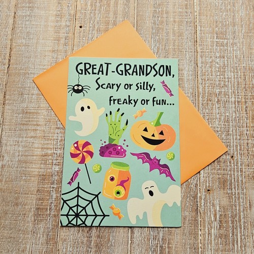 Halloween Greeting Card For Great Grandson Blue Ghosts Bats Candy Hallmark