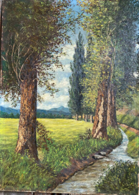 Cypress Trees By The Shore Oil Painting Antique Walter Signed Around 1930 Meadow
