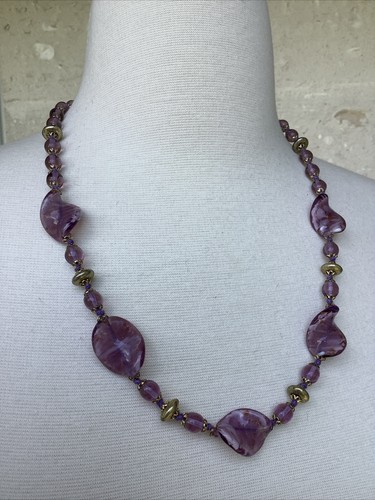 Vintage Venetian Art Glass Beaded Necklace Purple Aventurina Gold Flecks Italy