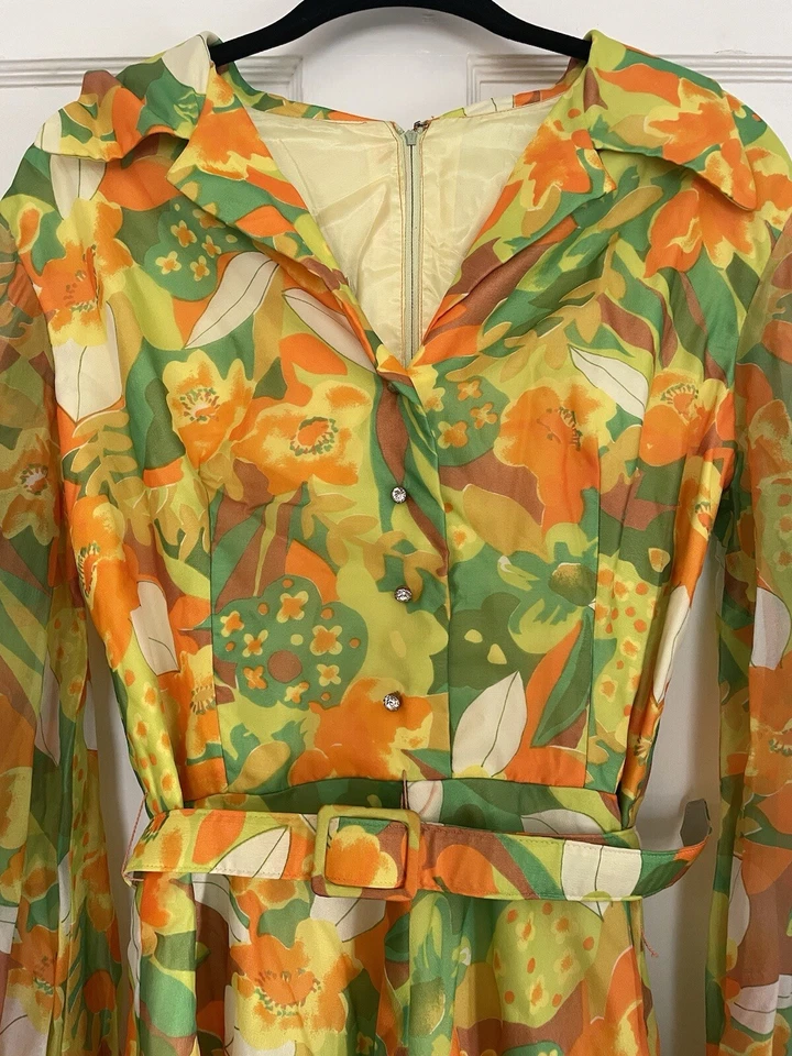 Maxi Vestido De Colección Años 70 Lee Jordan Retro Floral Cuello Naranja y Verde Talla Pequeña/Mediana Foto 3 de 4