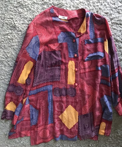CELINE Shirt Blouse vintage Aztec L Chest 46’ Collarless Longer Lenght Silk red - Picture 11 of 16
