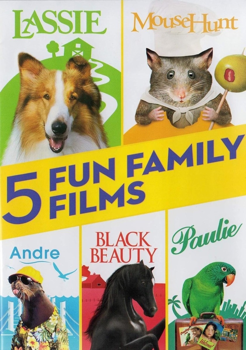 5 Family Films Lassie, Mouse Hunt, Andre, Black Beauty, Paulie