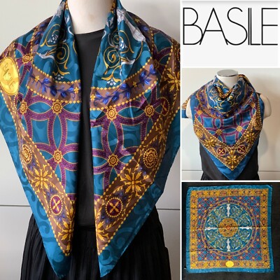 BASILE Silk Satin Jacquard Teal Green,Gold Byzantine Scarf 88x88cm