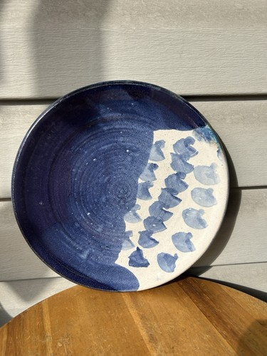 Abstract Blue Cream Speckled Primitive Stoneware Art Pottery Plate 11" Signed