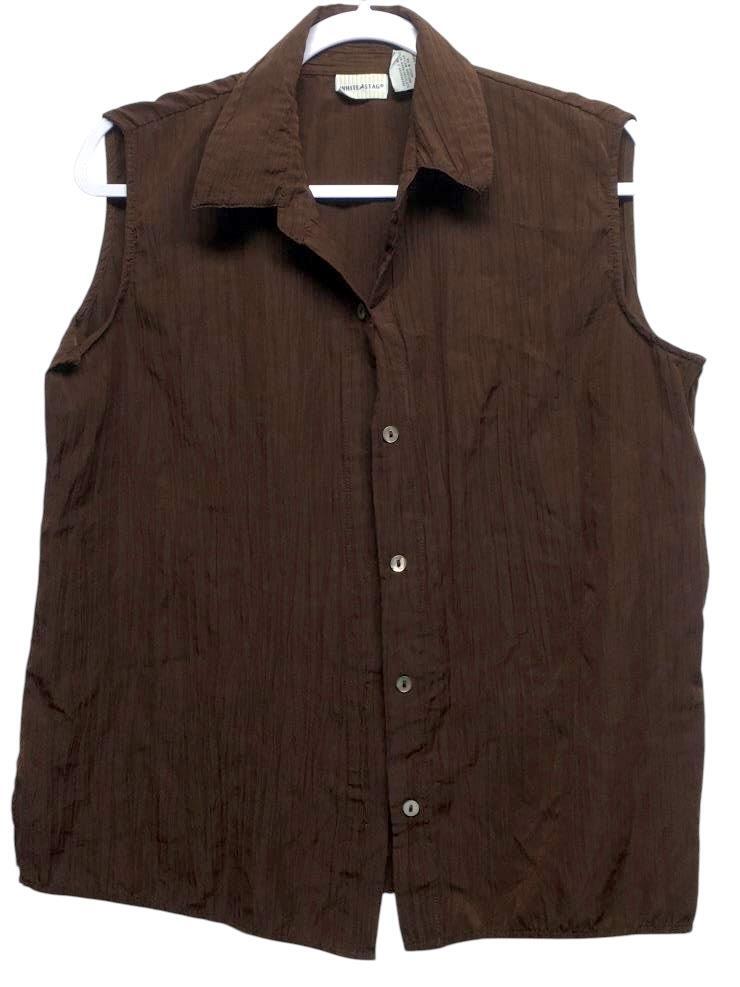 White stag XL brown crinkle sleeveless button down collared top