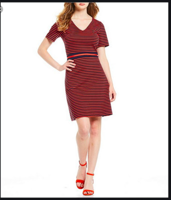 Draper James Striped A-Line Ponte Knit Red Navy Fit Flare V-Neck Dress Nwt XS