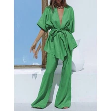 Commense Women's Oversized Linen Tied Two Piece Pants Set Green Size Small NWT