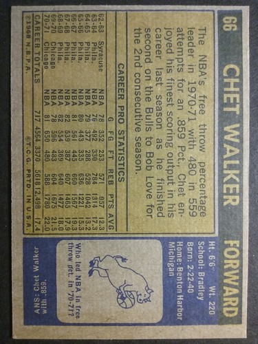 1971-72 TOPPS BASKETBALL #66 CHET WALKER BULLS IN DER NÄHE NEUWERTIG - Bild 2 von 3