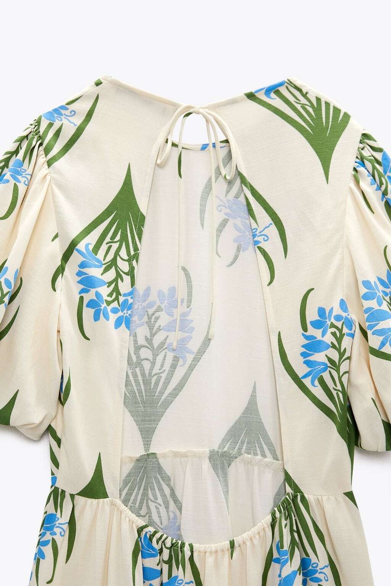 NWT_ZARA WOMAN PUFF SLEEVES PRINTED LINEN BLEND MIDI DRESS
