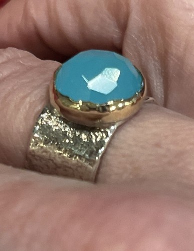 YAM Sterling 14k Aquamarine Or Amazonite Hammered Band Ring size 7 Mod Fab! Blue - Picture 4 of 13