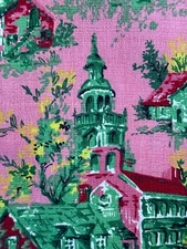 40’s Toile Cityscape Mid Century Victorian Architecture Barkcloth Vintage Fabric