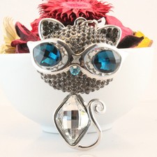 Blue Cat Kitty Keychain Rhinestone Crystal Charm Cute Animal Gift 01050