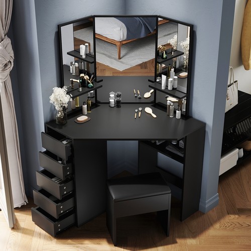 Black Dressing Table Makeup Desk with Mirror 5 Drawers Stool Bedroom Vanity Set