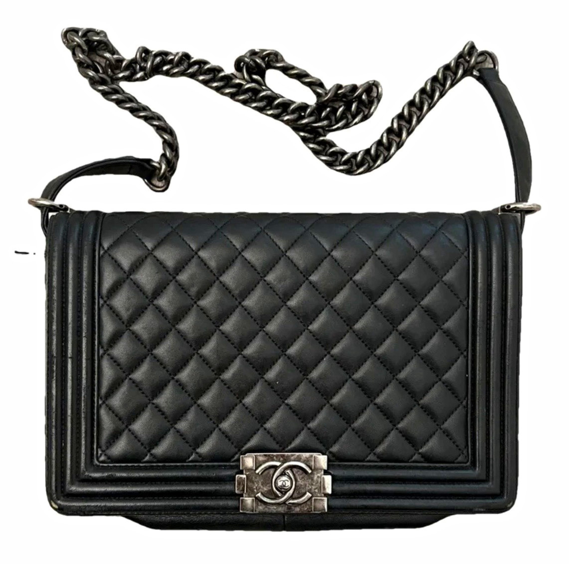 CHANEL Boy Bag Medium Black Quilted Leather Silver Hardware Chain Strap