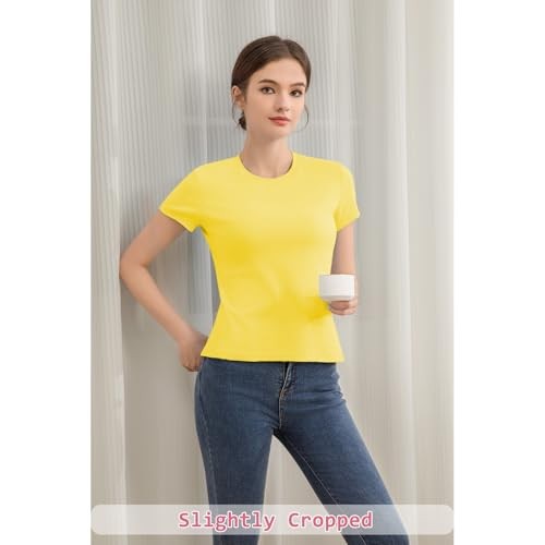 Baumwolle Kurzarm T-Shirts für Damen Slim Fitted Basic T-Shirts Small Gelb - Bild 5 von 7