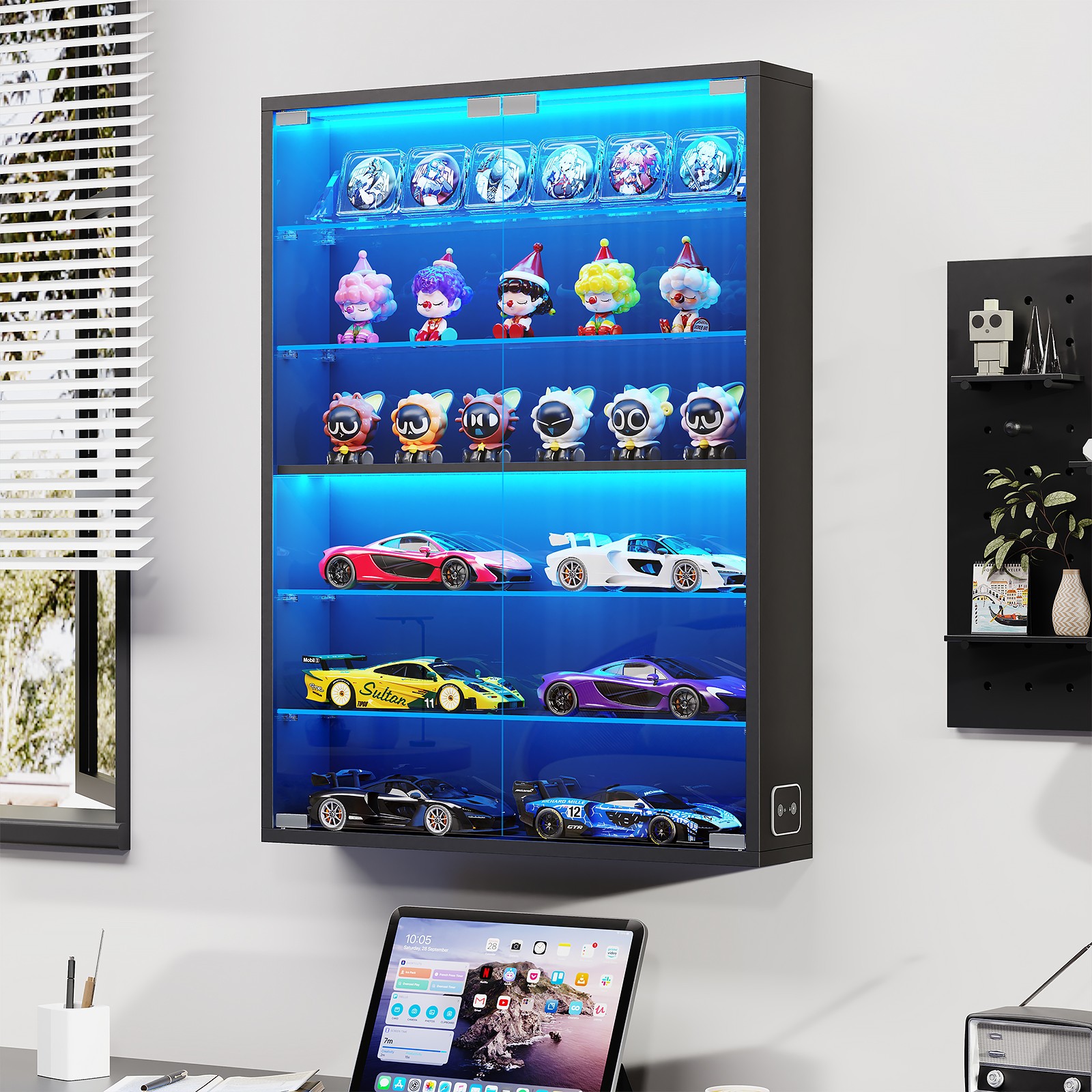 6-Tier Wall-Mounted Display Cabinet with Removable Glass Shelves + 3-Color Light