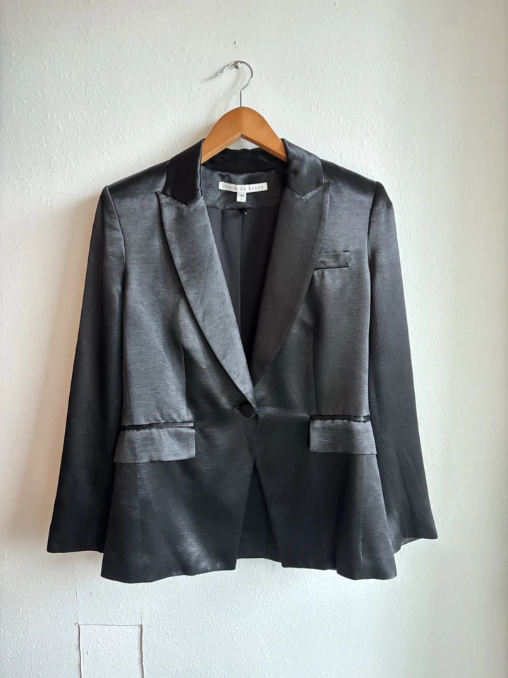Chaqueta Blazer Veronica Beard Athens Negra Brillante Satén Dickey Talla 4 Foto 2 de 4