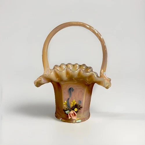 Fenton pink iridescent Rosealene Ruffled Glass Basket Hand Signed A. Farley