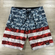 Pelagic Sharkskin Mens 32 Board Shorts American Flag Striped Fishing Swim Trunks