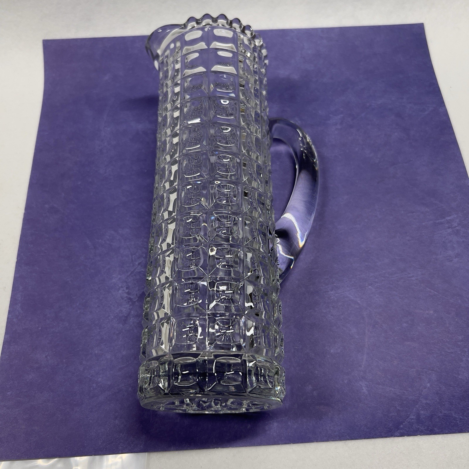 Vintage American Brilliant Pressed Glass Greek Key Pitcher 9” Tall x 3” Wide