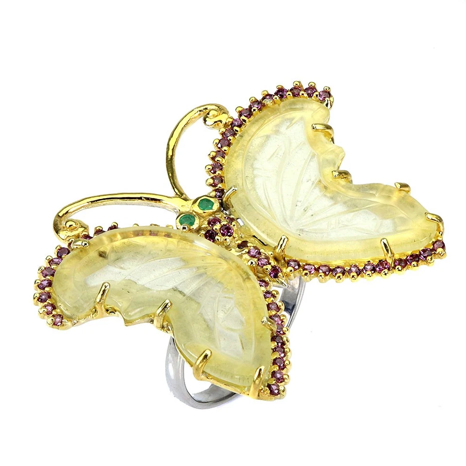 Anillo de plata de ley 925 hecho a mano tallado cuarzo limón sin tarifas de importación de EE. UU. Foto 3 de 4