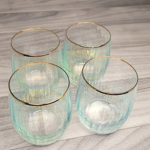 Anthropologie Waterfall bicchieri da vino senza stelo LOTTO di 4 verde come nuovo 10 oz - bordo 24K - Foto 5 di 10