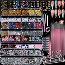 4 Boxes Nail Charms and Gems Set, Nail Rhinestones Nail Kit with Nail Art Brushe