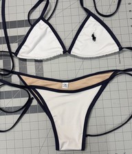 NWT Polo Ralph Lauren White Navy Pony Bikini Top Bottom Swimsuit Medium