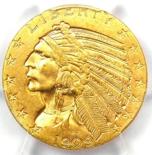 1909-D Indian Gold Half Eagle $5 Coin - PCGS MS64+ Plus Grade - $5,000 Value