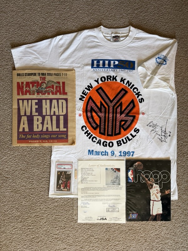 1997 NY Knicks Multi Signed Shirt Frazier HOF JSA + PSA Starks Jordan Dunk