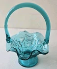 6.5" Fenton Teal Strawberry Pattern Small Glass Basket