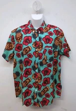 Combat Iron Apparel Flex Button Up Short Sleeve Men's Shirt Large Teal Pineapple