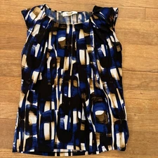 Jones studio blue brown cream sleeveless blouse shirt top size medium M b14