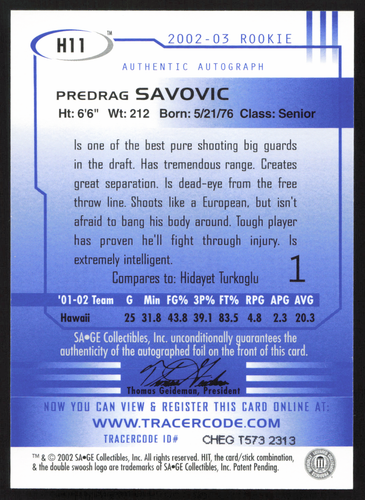 2002-03 SAGE Basketball HIT Predrag Savovic Autographs Silver #H11 RC Auto - Picture 2 of 10