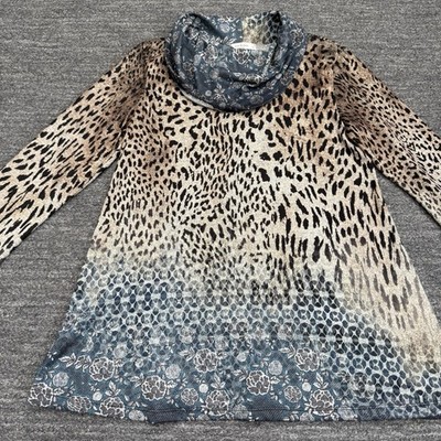 Jess and Jane Tunic Women Small Cowl Leopard Print Floral Boho USA Lightweight