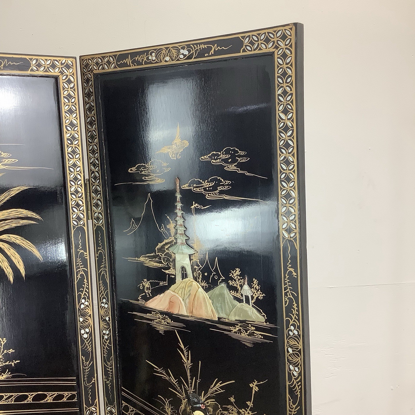 Vintage Black Lacquer Chinoiserie Folding Screen