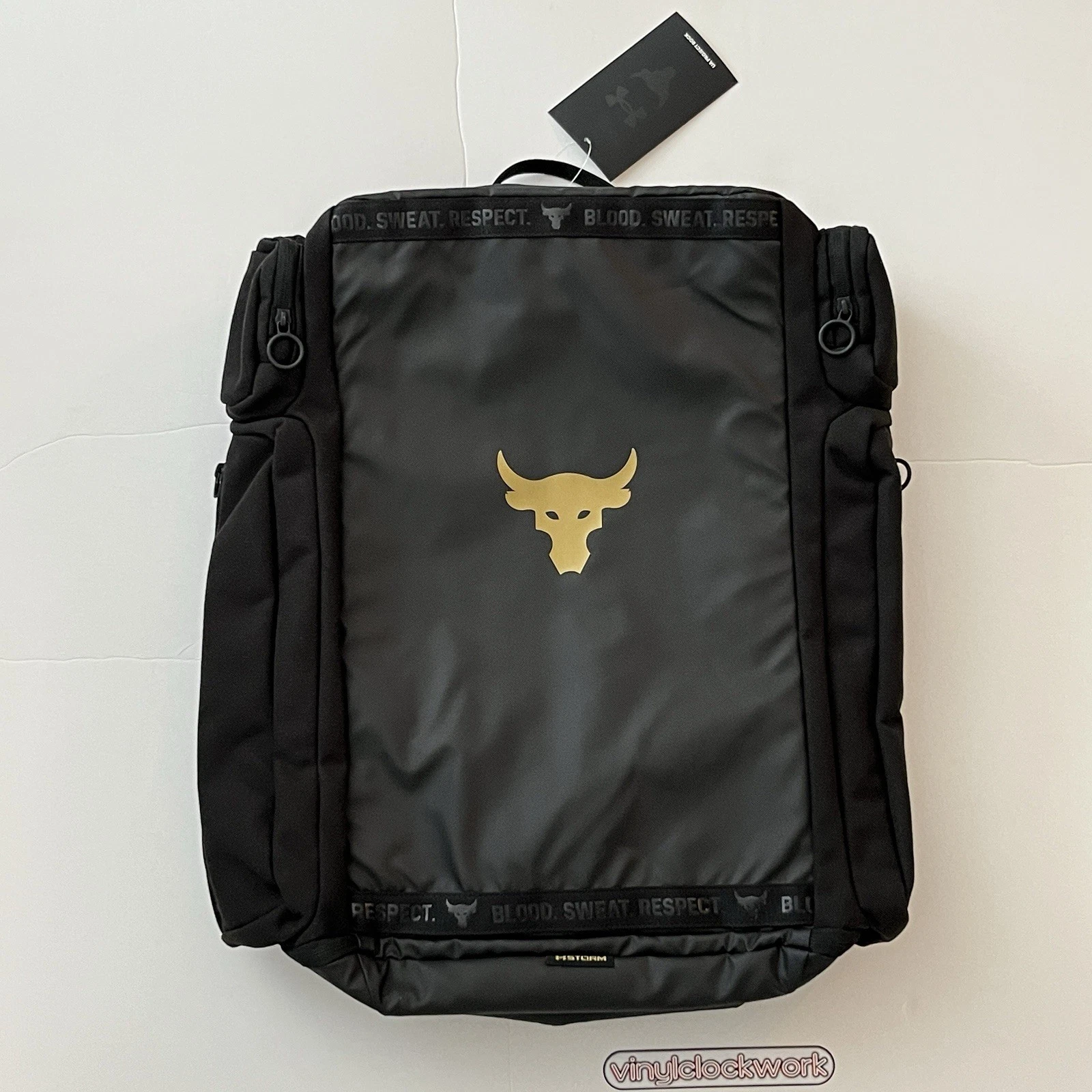 UA Under Armour Project Rock Duffle Backpack Bag Black Gold Gym 1376459-002 $130