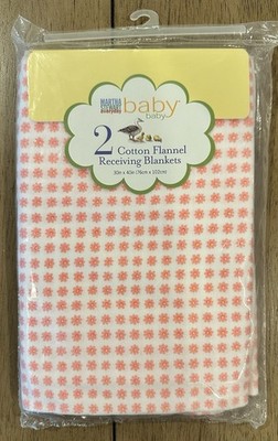 VTG Martha Stewart Baby 2 Receiving Blankets Pink Daisy Cotton Flannel 1999 NEW