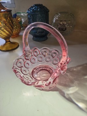 L.E. Smith Light Pink Moon and Stars Small Basket with Handle, Vintage, 6''