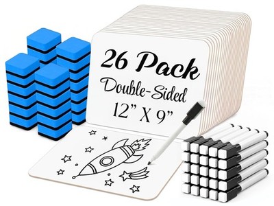 26 Pack DoubleSided Dry Erase Lapboards 12x9 with Markers & Erasers