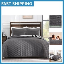 Reversible California King Quilt Set - Soft Microfiber, Charcoal/Grey Elegance