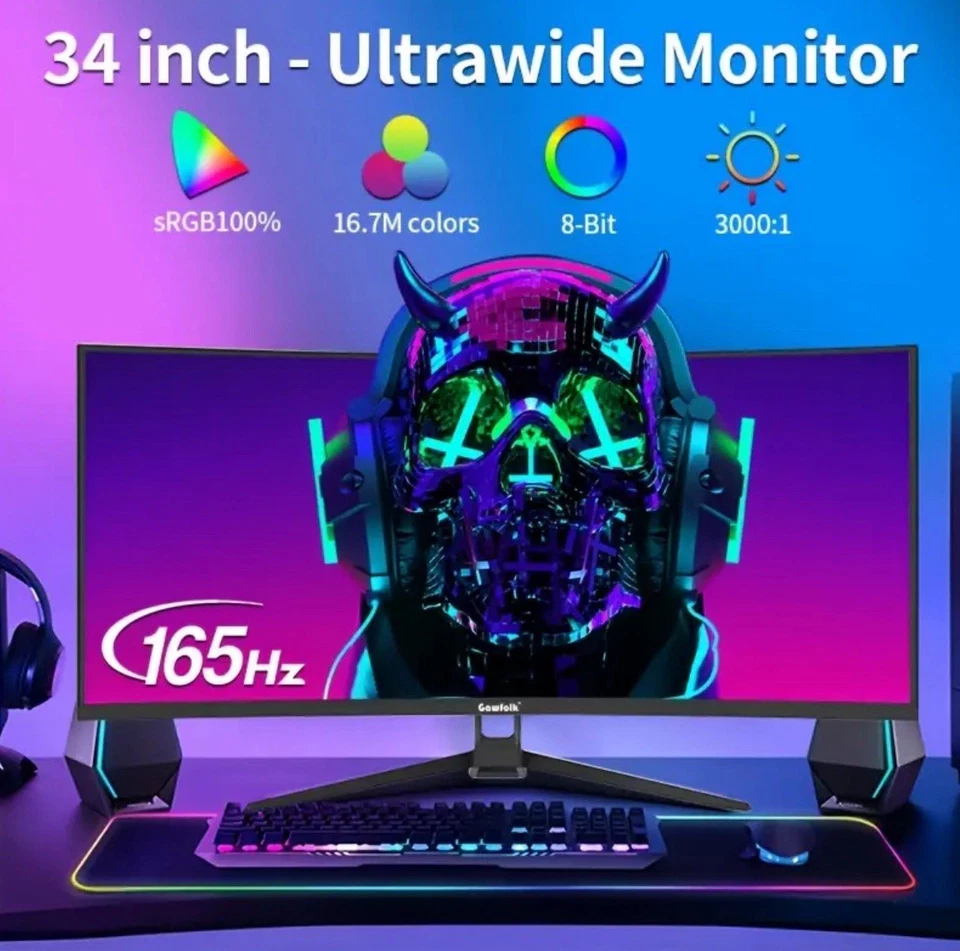 Gawfolk Curved Gaming Monitor 165Hz 34-inch Ultra Wide 4K 3440x1440P 1ms 1500R - Image 2 of 4