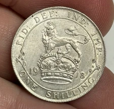 AU 1918 GREAT BRITAIN One Shilling (original), Silver England UK Almost UNC