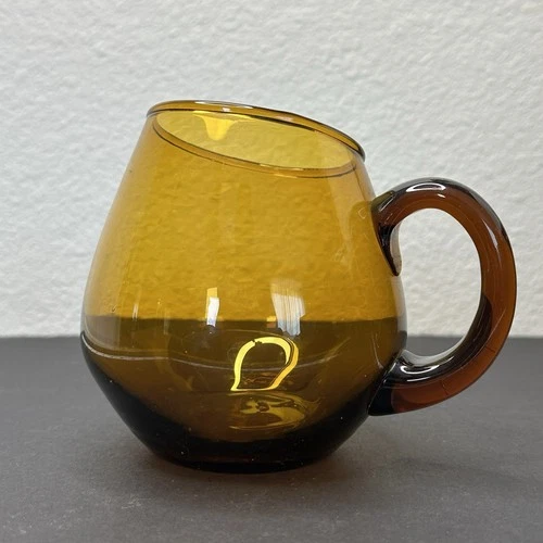 BLENKO MCM Handblown Amber Glass Mug Angled Slant Asymmetrical Tear Drop 12oz
