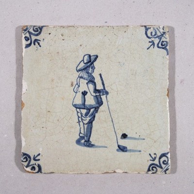 Delft Fliese mit Blaumalerei - Tegel Niederlande GOLFSPIELER - 17. Jh. #22492