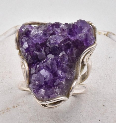Estate Sterling Silver & large Geod Rough natural AMETHYST WIDE top ring SZ 8.5