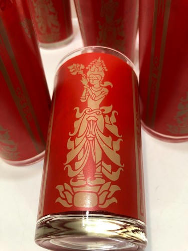 Vintage Federal Glass Tumblers SET OF 7 Asian Goddess Dancers Red Tan 5" T - Picture 3 of 9